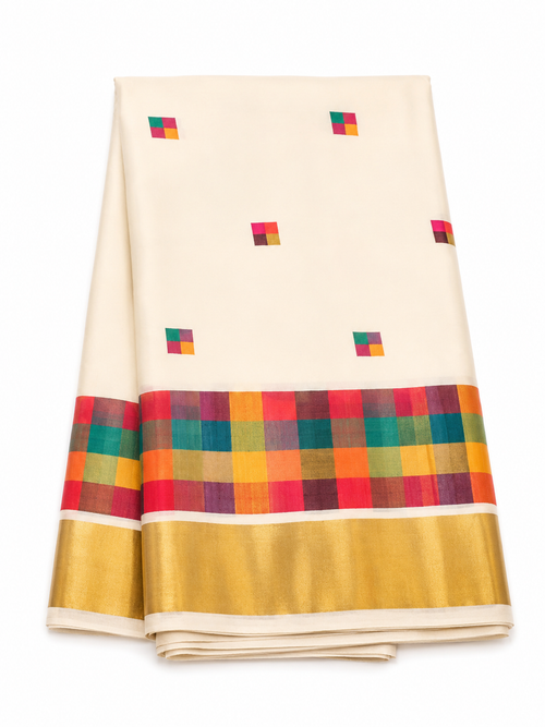 Madras Check Kerala Tissue Saree with Check Blouse | Premium Kasavu Tissue Saree