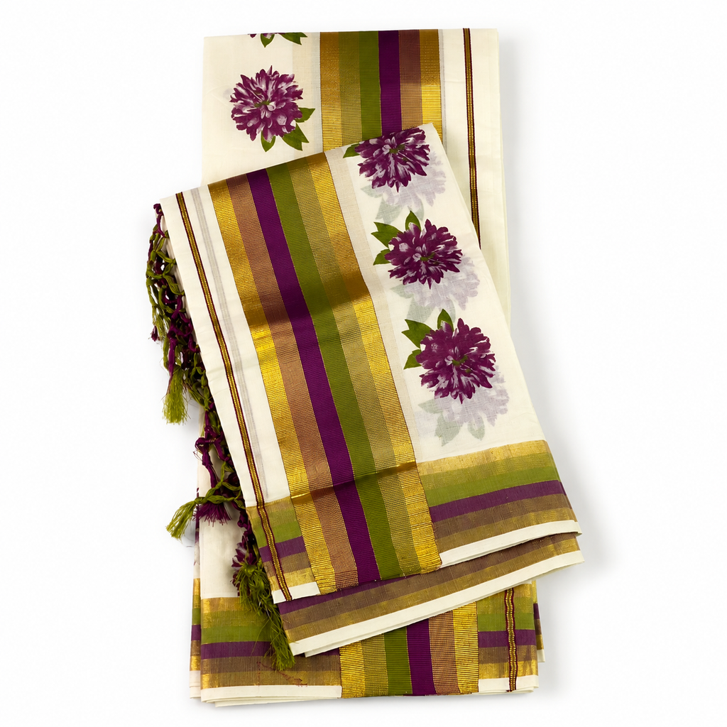 Onam Collection Cotton Set Mund with Attractive Mukuthi Border & Floral Print | Tassel Finish