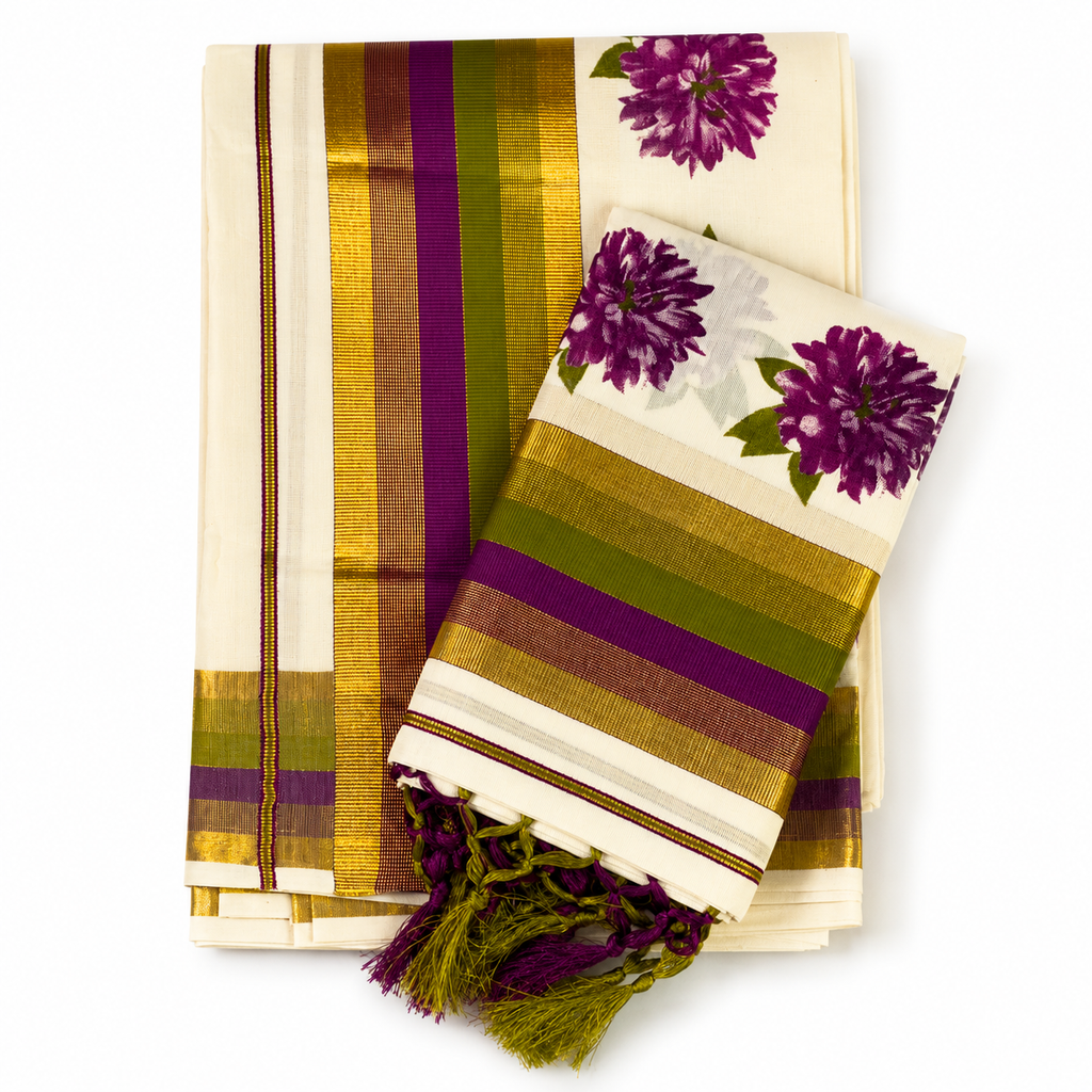 Onam Collection Cotton Set Mund with Attractive Mukuthi Border & Floral Print | Tassel Finish