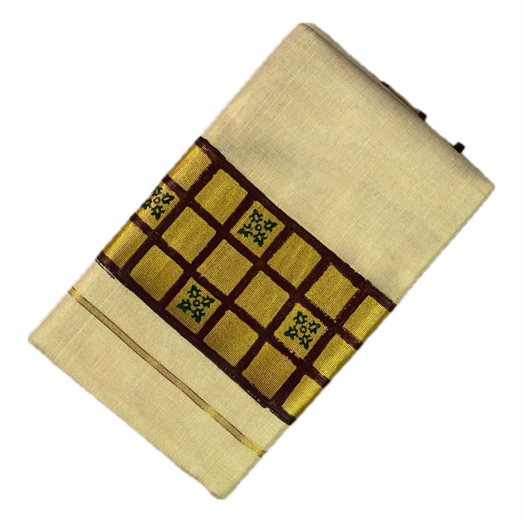 Onam Collection Cotton Tissue Saree with Check Printed Border & Blouse
