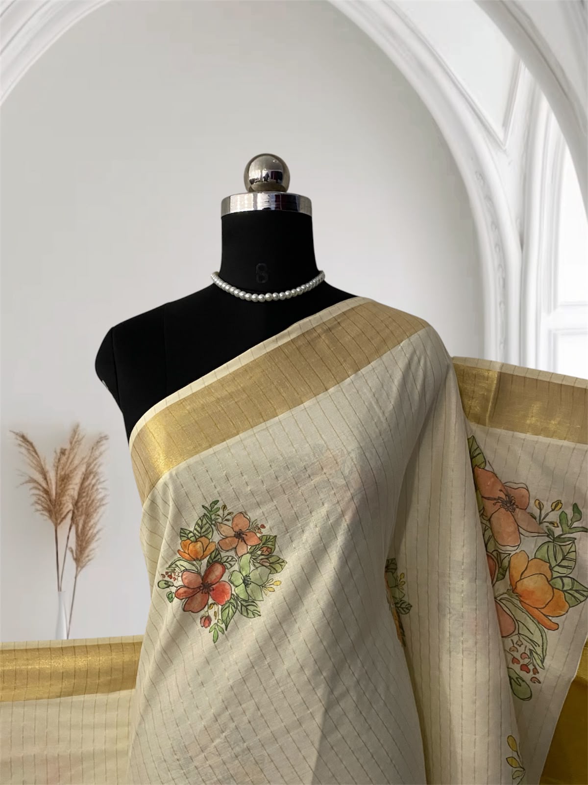 Onam Collection Cotton Set Saree with All-Over Striped Body & Floral Print | With Blouse
