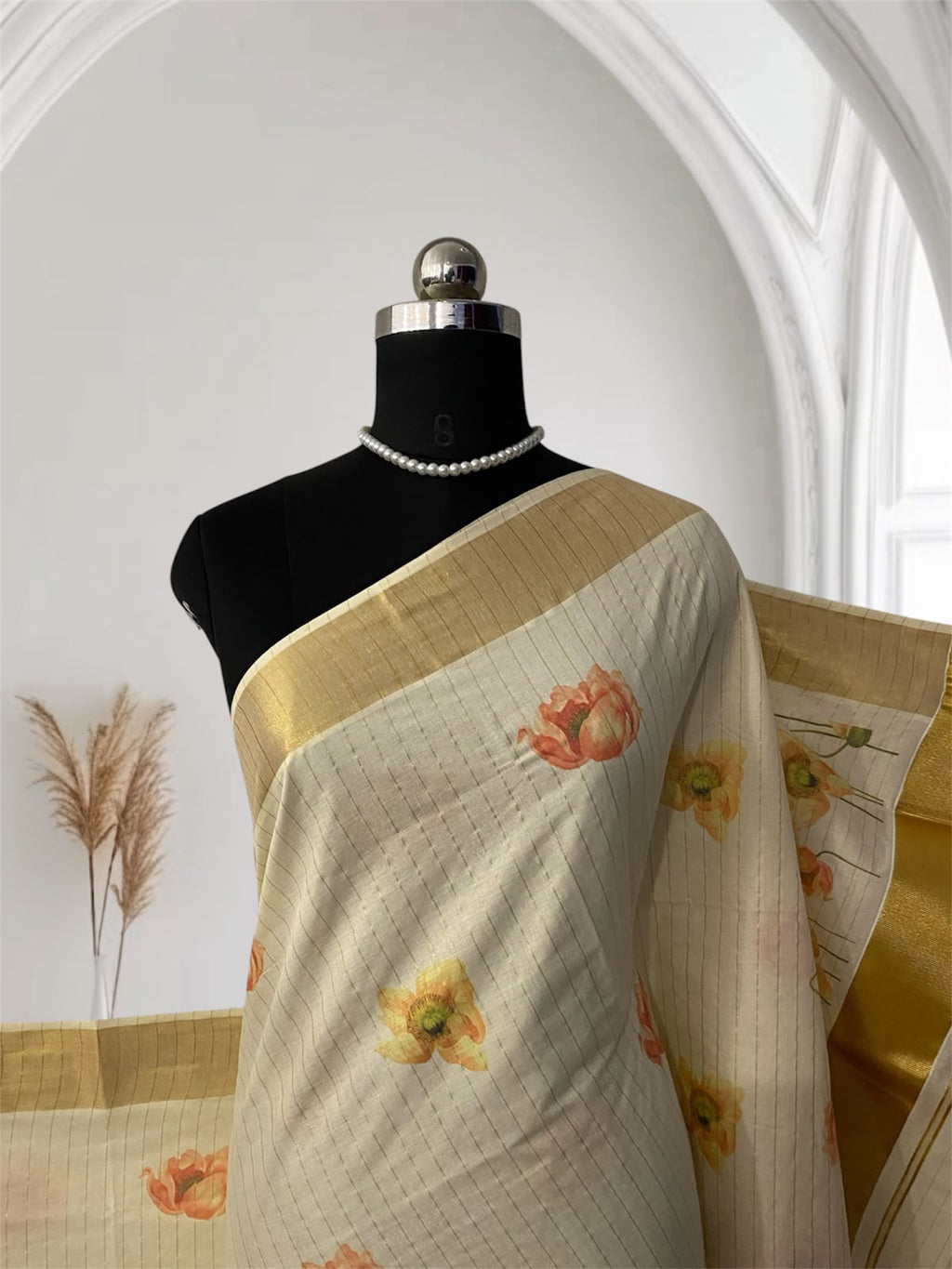 Onam Collection Cotton Set Saree with All-Over Striped Body & Floral Print | With Blouse