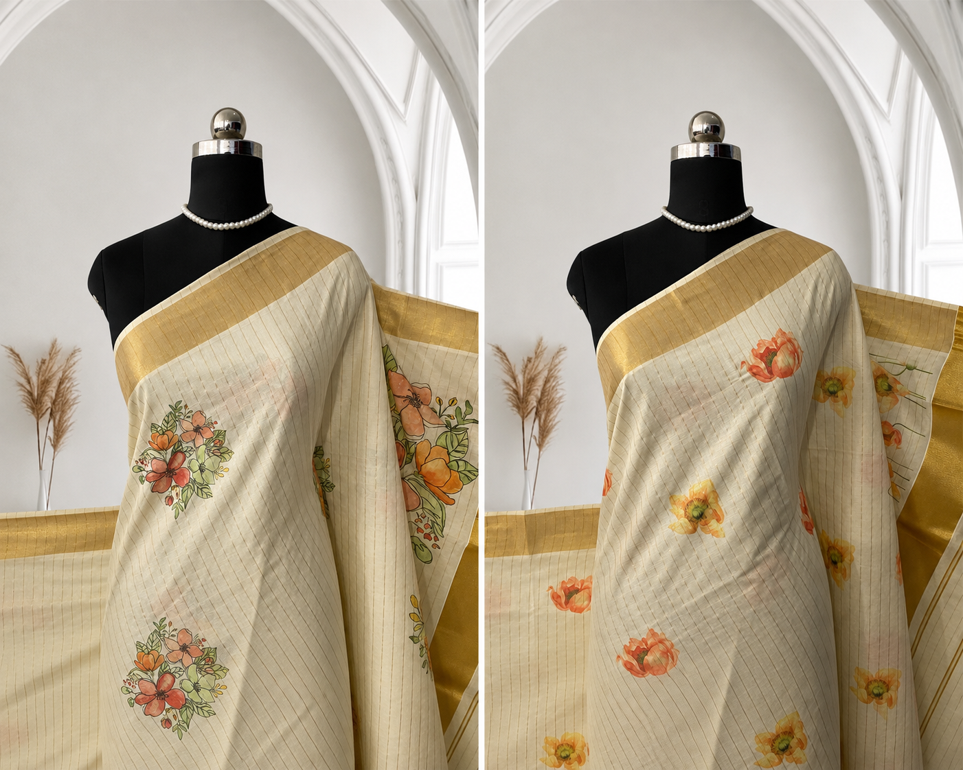Onam Collection Cotton Set Saree with All-Over Striped Body & Floral Print | With Blouse
