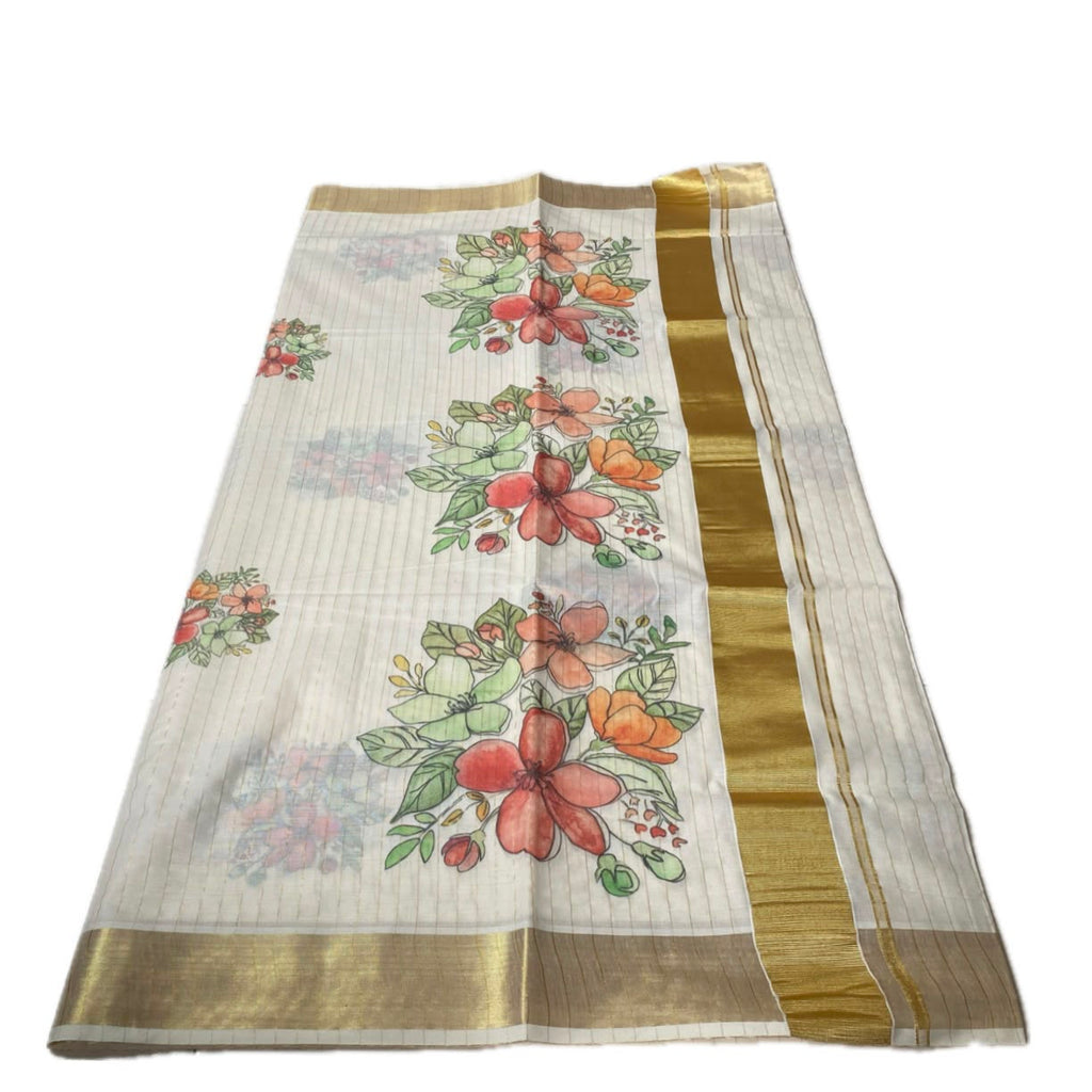 Onam Collection Cotton Set Saree with All-Over Striped Body & Floral Print | With Blouse