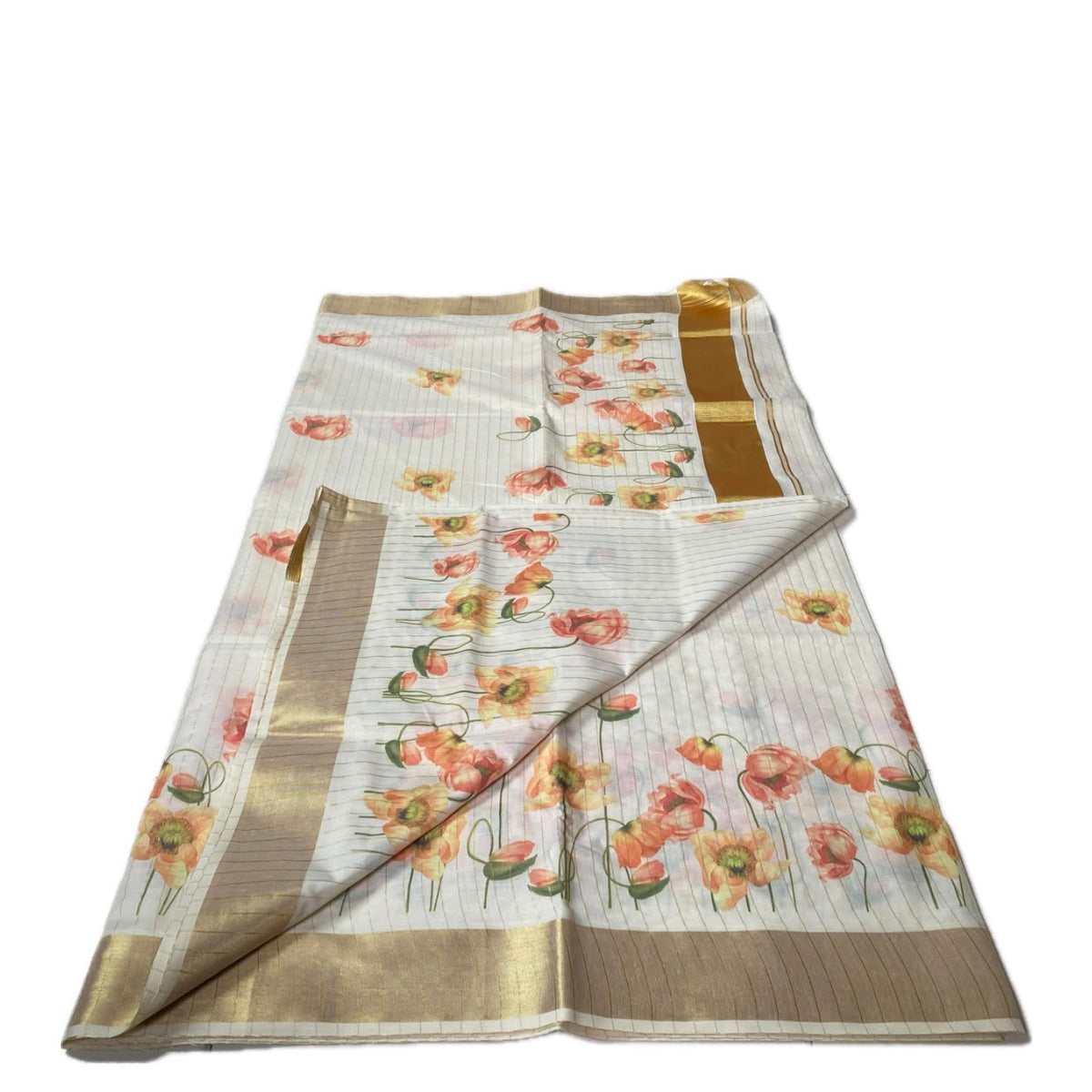 Onam Collection Cotton Set Saree with All-Over Striped Body & Floral Print | With Blouse