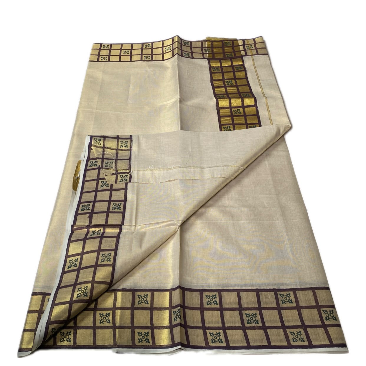 Onam Collection Cotton Tissue Saree with Check Printed Border & Blouse