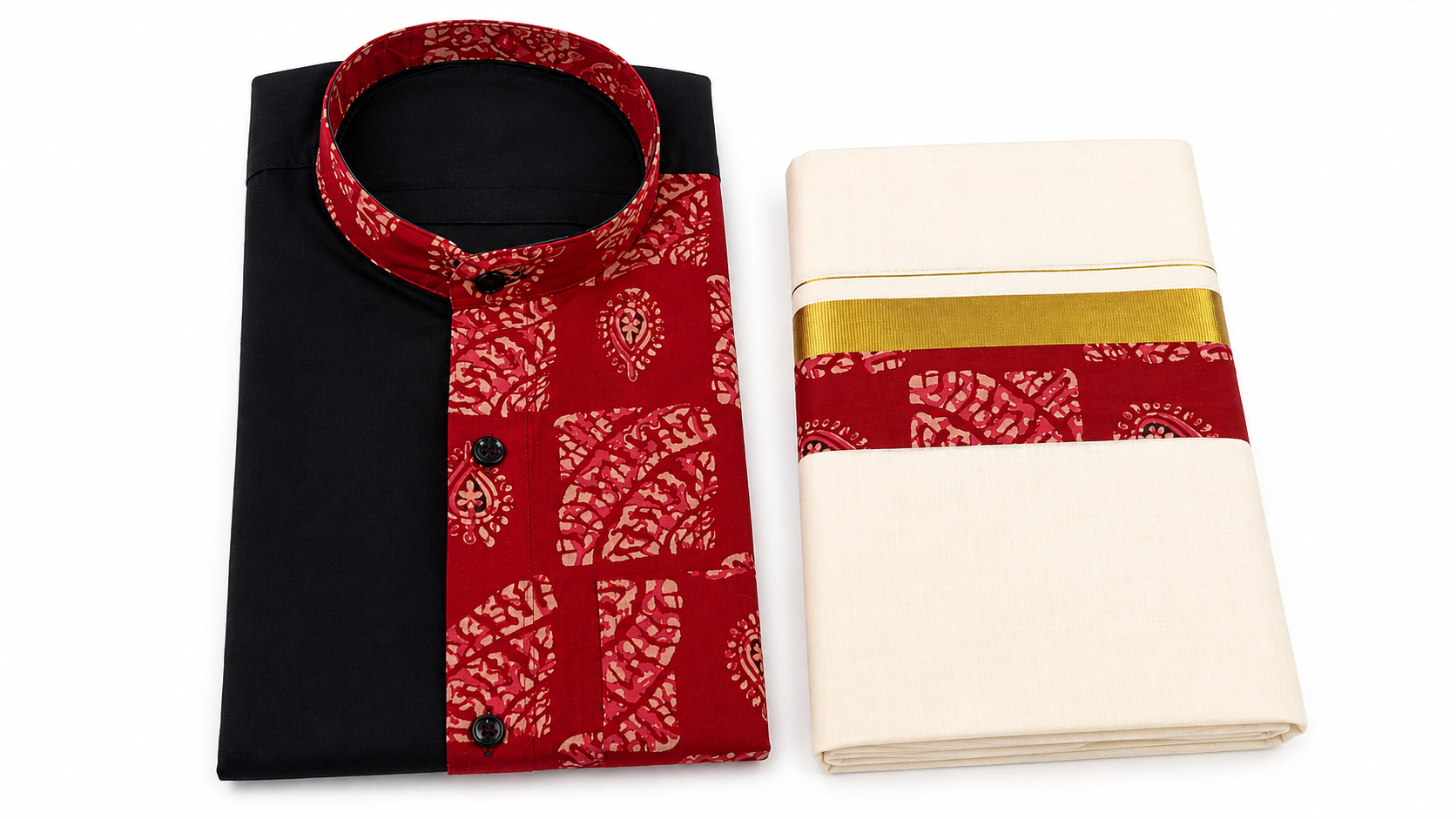 Premium Men’s Onam Combo – Black Cotton Shirt & Kasavu Mundu