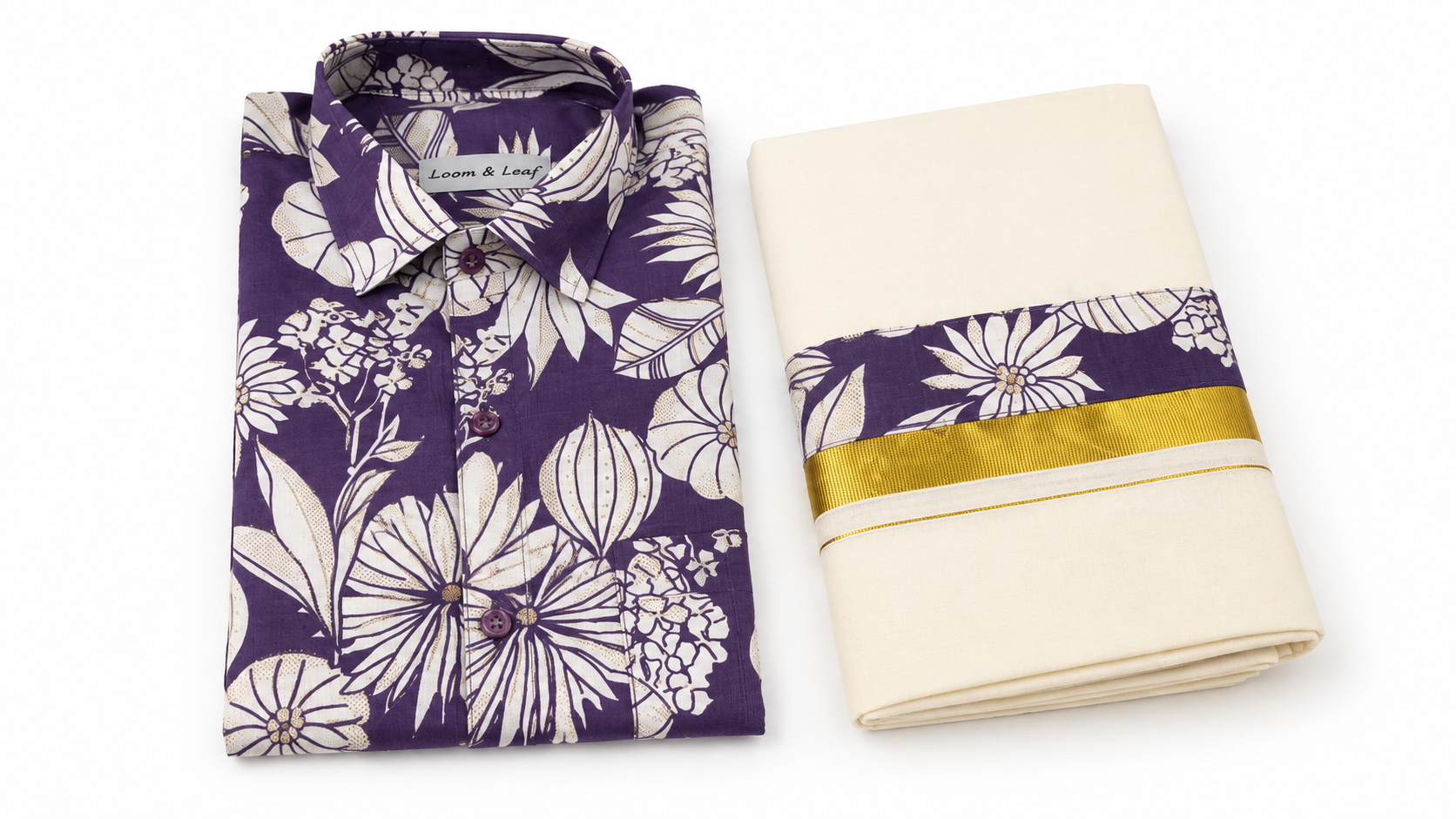 Premium Floral Print Shirt & Kasavu Mundu Onam Combo