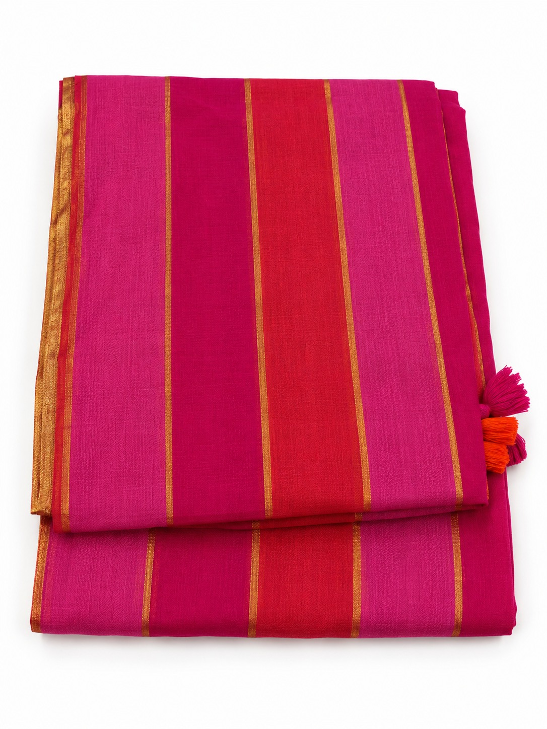 Premium Mul Cotton Saree with Golden Stripes & Tassels
