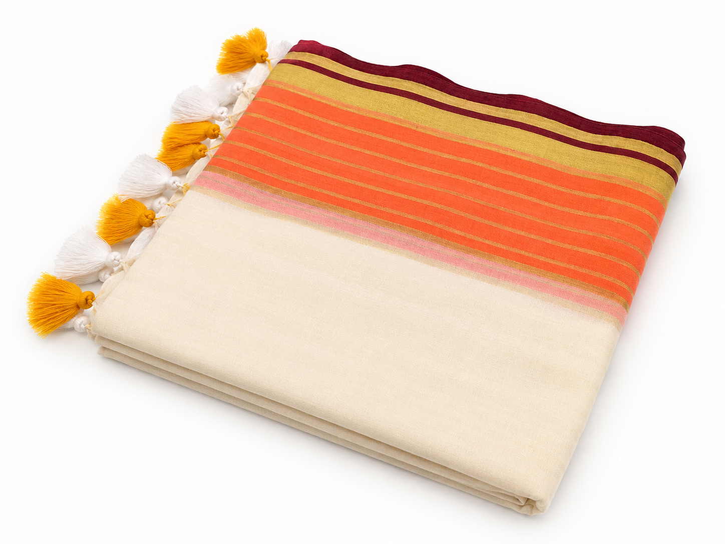 Mul Cotton Saree with Contrast Woven Border & Tassels