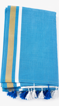 Sky Blue Mul Cotton Saree with Golden Border & Tassel Pallu