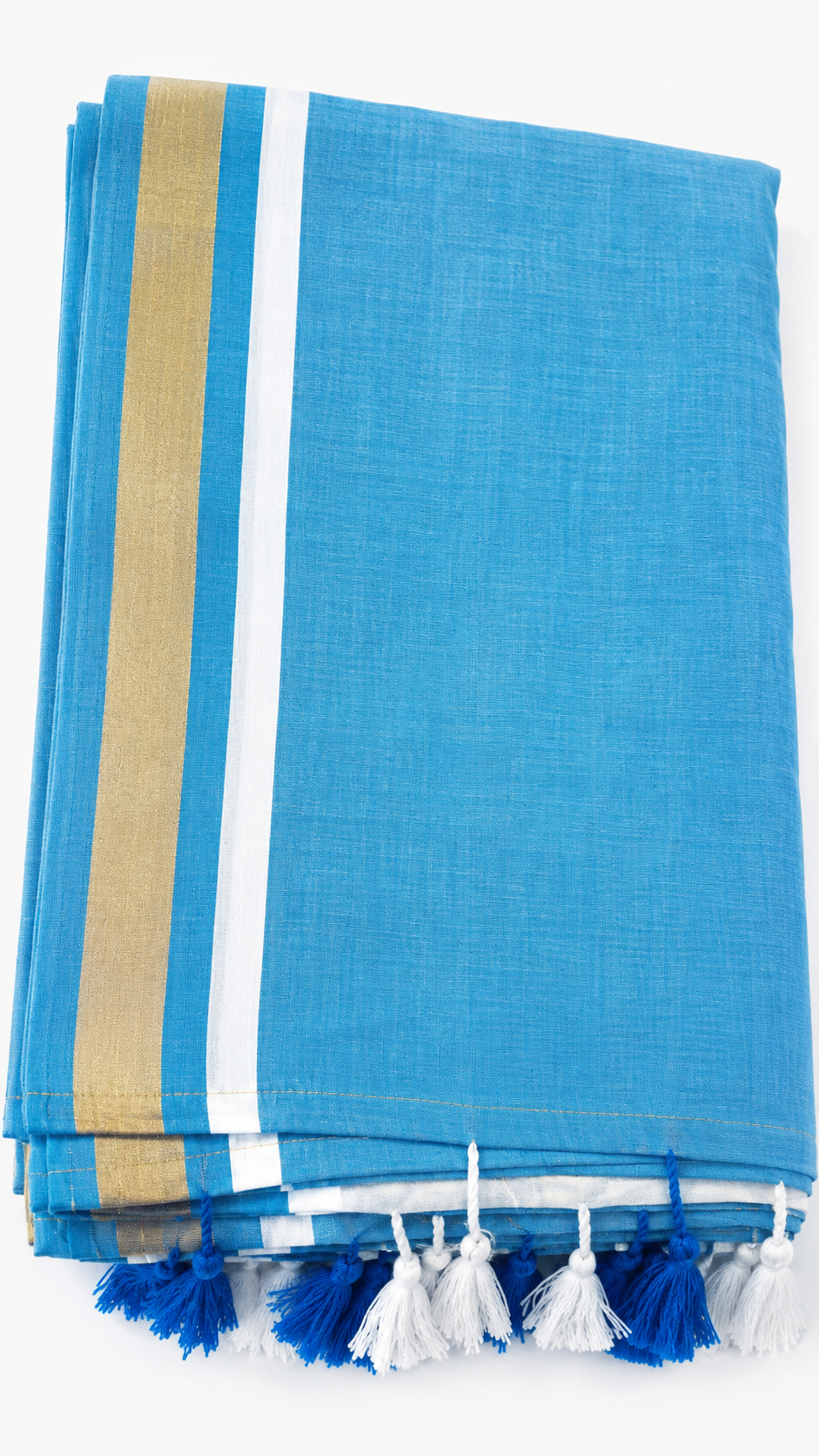 Sky Blue Mul Cotton Saree with Golden Border & Tassel Pallu