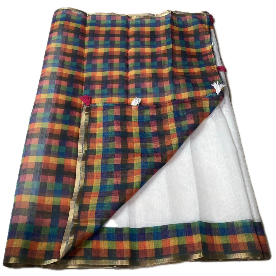 Semi-Linen Chanderi Madras Check Saree with Blouse & Tassels