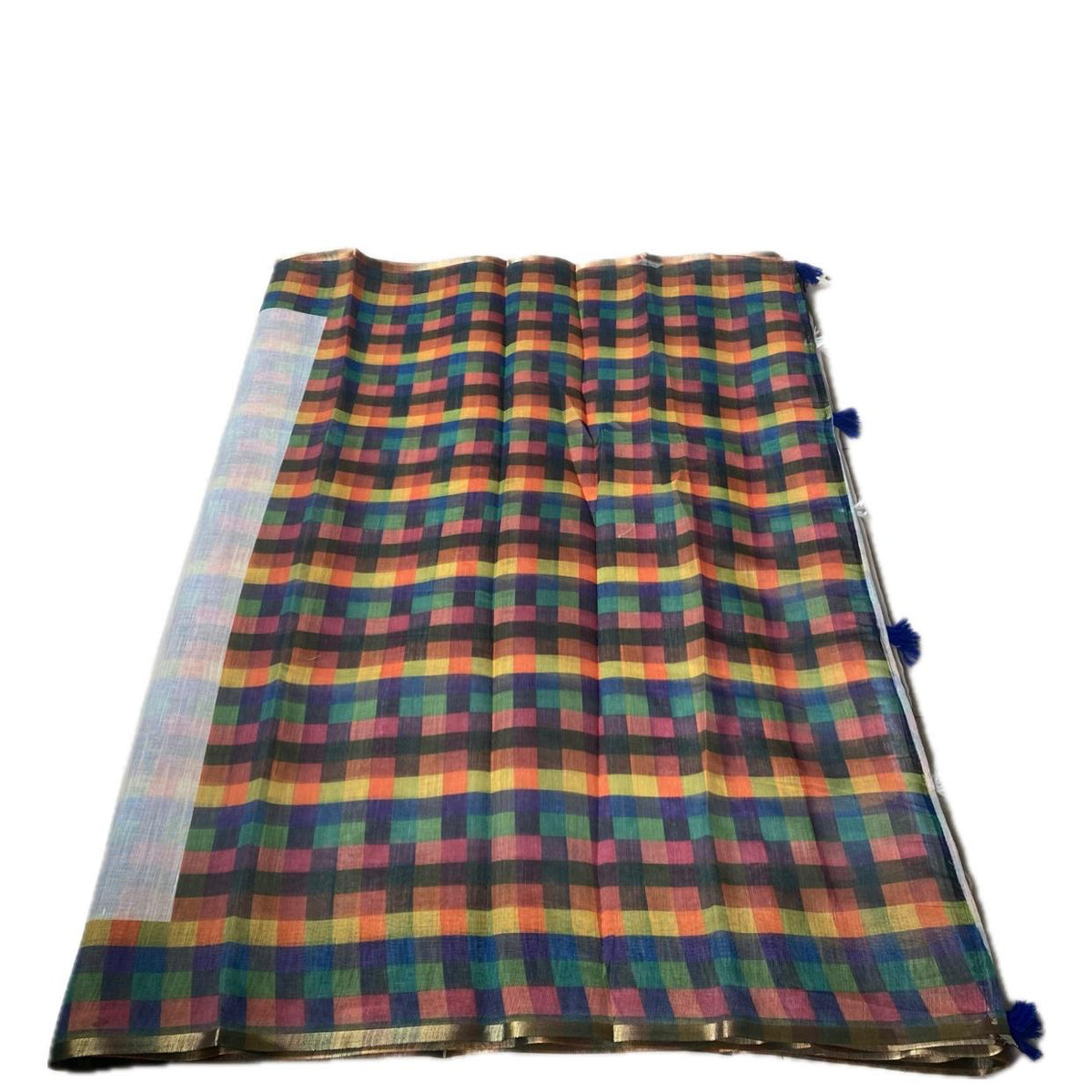Semi-Linen Chanderi Madras Check Saree with Blouse & Tassels