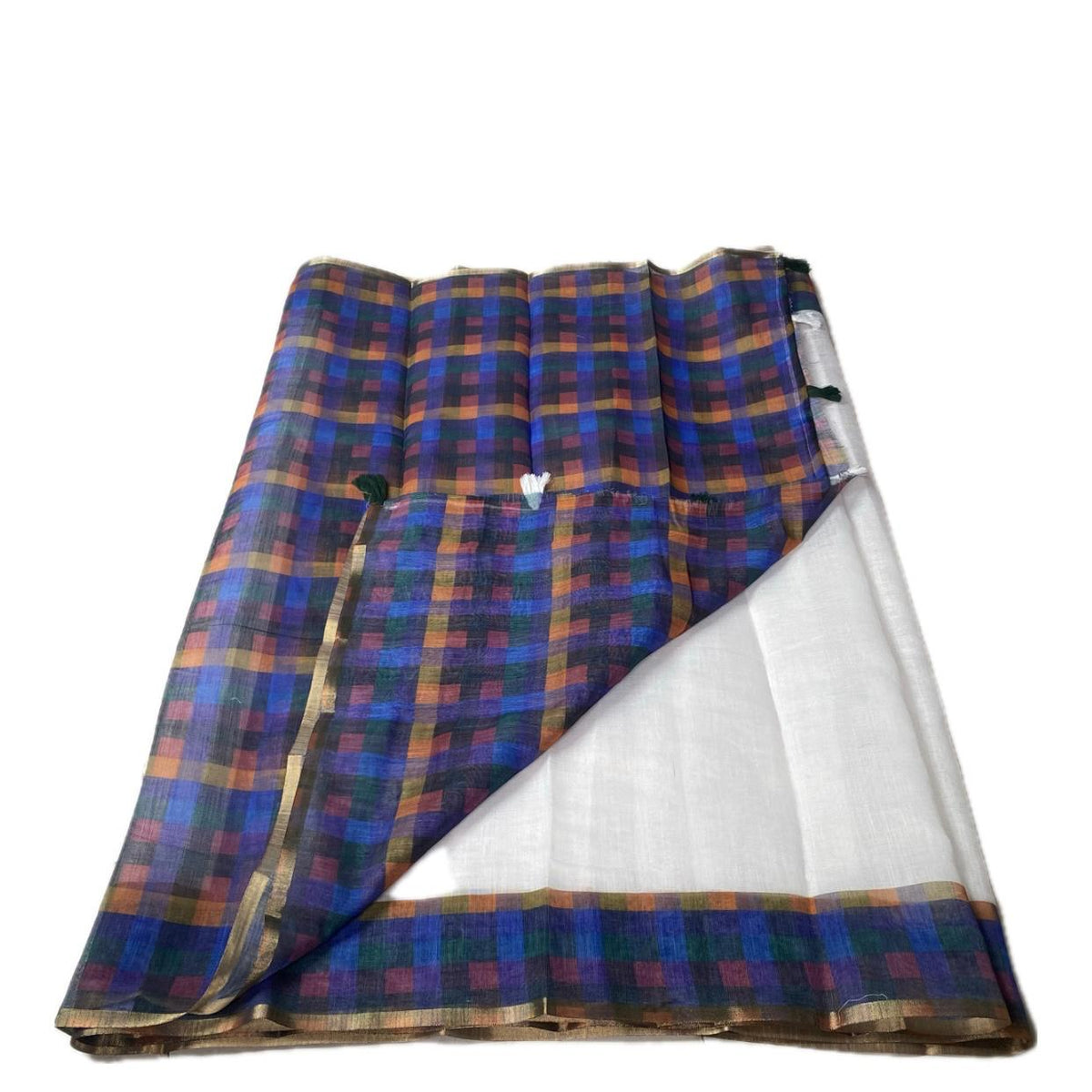 Semi-Linen Chanderi Madras Check Saree with Blouse & Tassels
