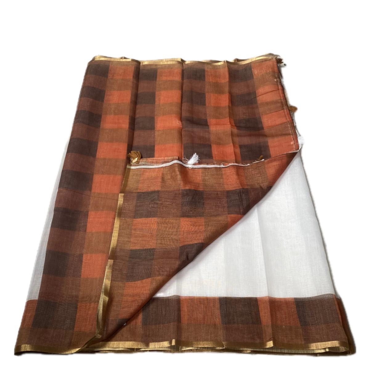 Semi-Linen Chanderi Madras Check Saree with Blouse & Tassels