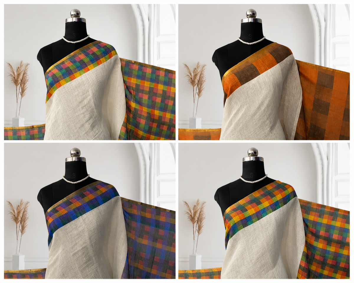 Semi-Linen Chanderi Madras Check Saree with Blouse & Tassels
