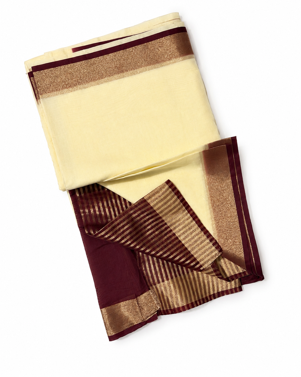 Cream Chanderi Saree with Golden Finish & Dark Maroon Border