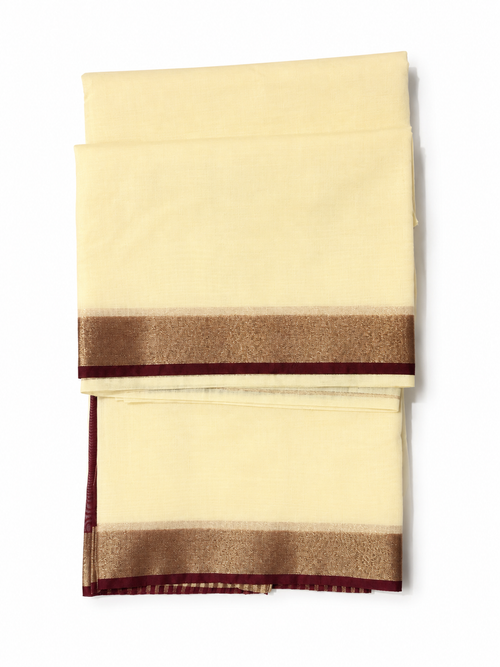 Cream Chanderi Saree with Golden Finish & Dark Maroon Border