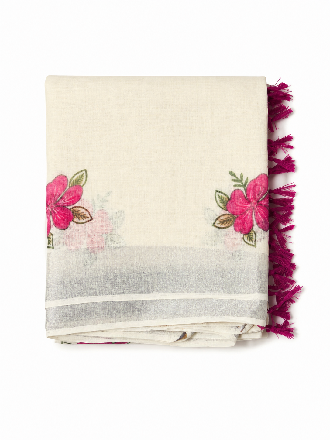 Cream Semi Chanderi Saree with Floral Print & Silver Border