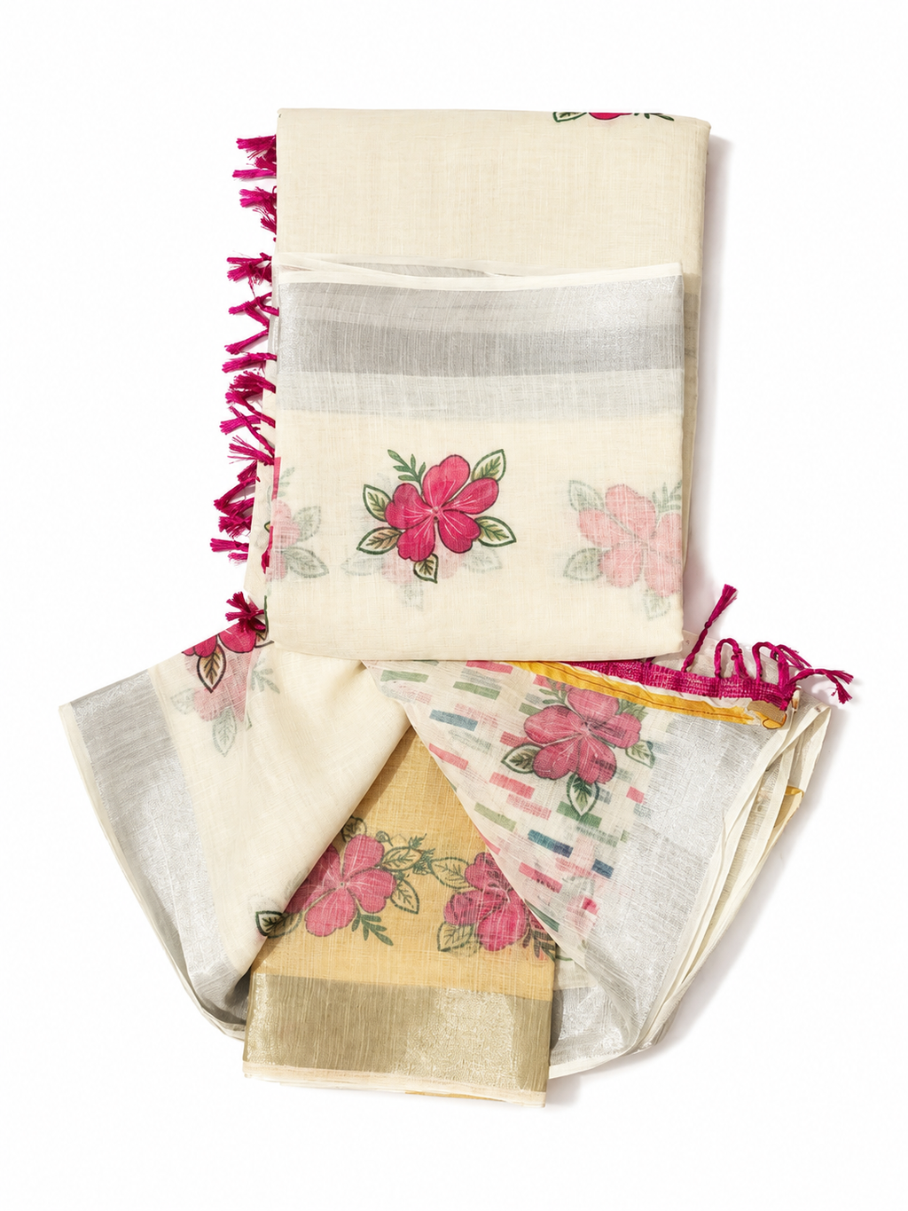 Cream Semi Chanderi Saree with Floral Print & Silver Border
