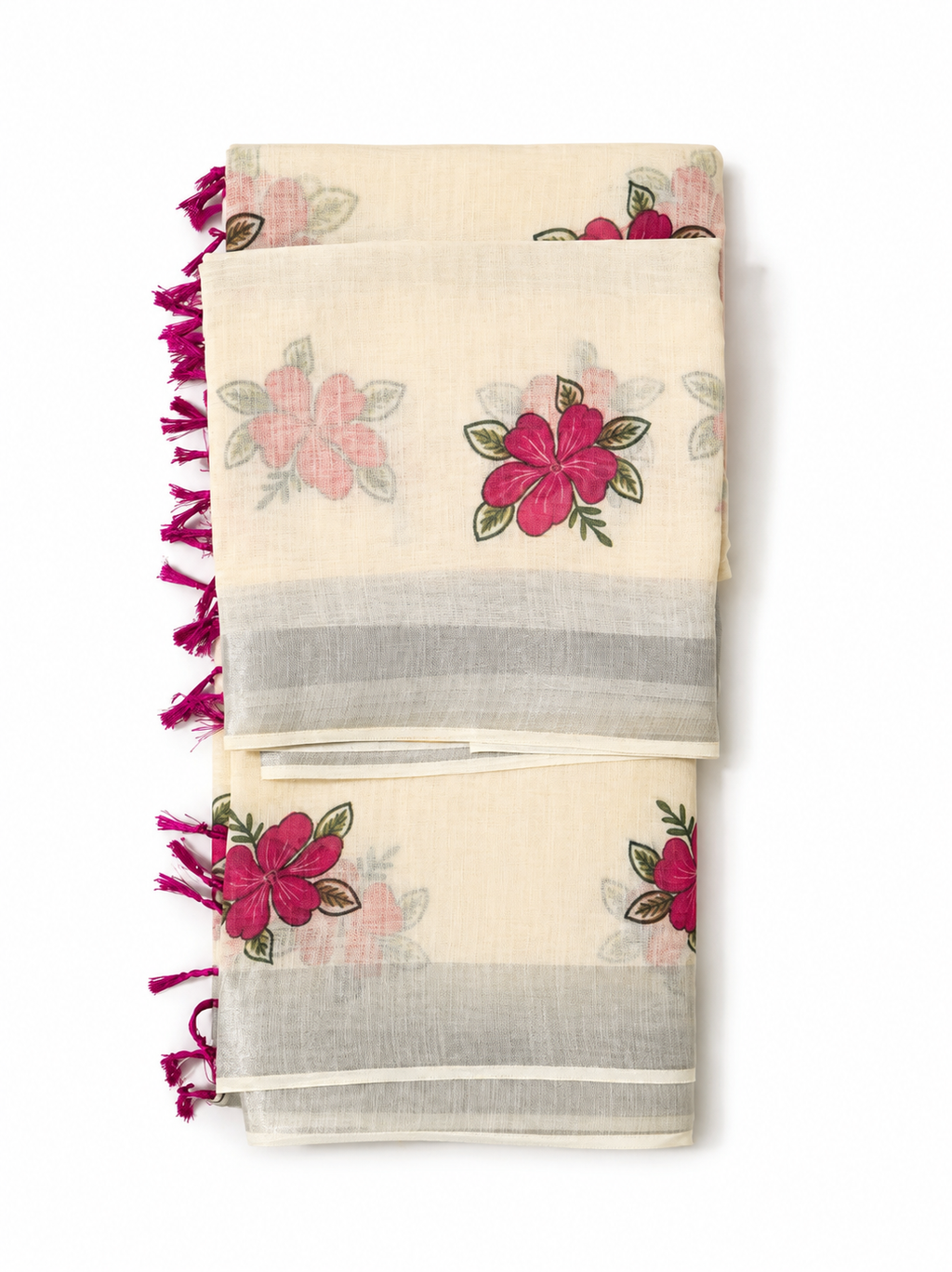 Cream Semi Chanderi Saree with Floral Print & Silver Border