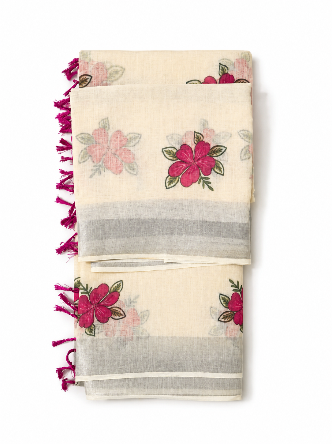 Cream Semi Chanderi Saree with Floral Print & Silver Border