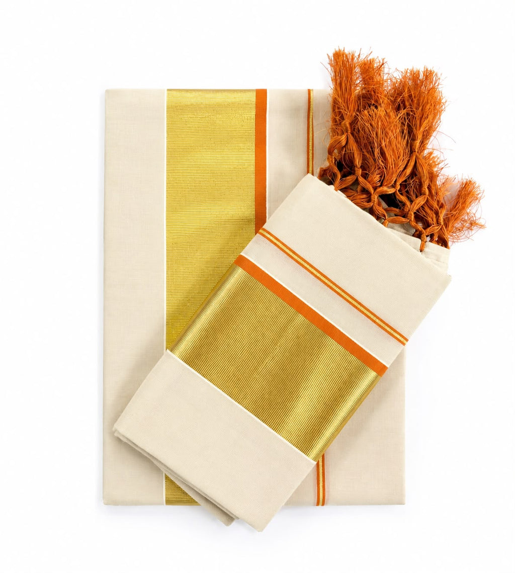 Traditional Kerala Kasavu Set Mundu with Orange Border
