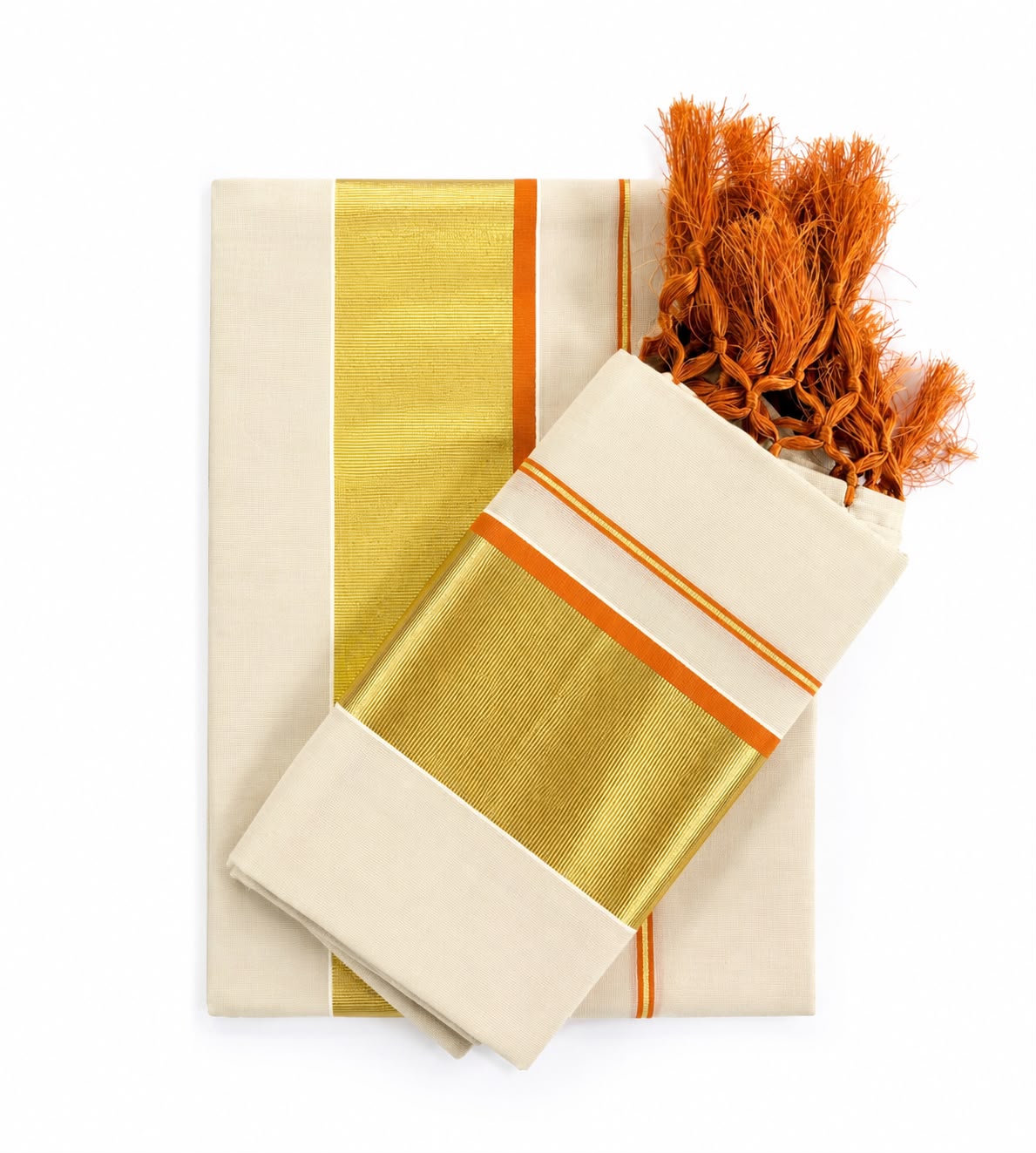 Traditional Kerala Kasavu Set Mundu with Orange Border