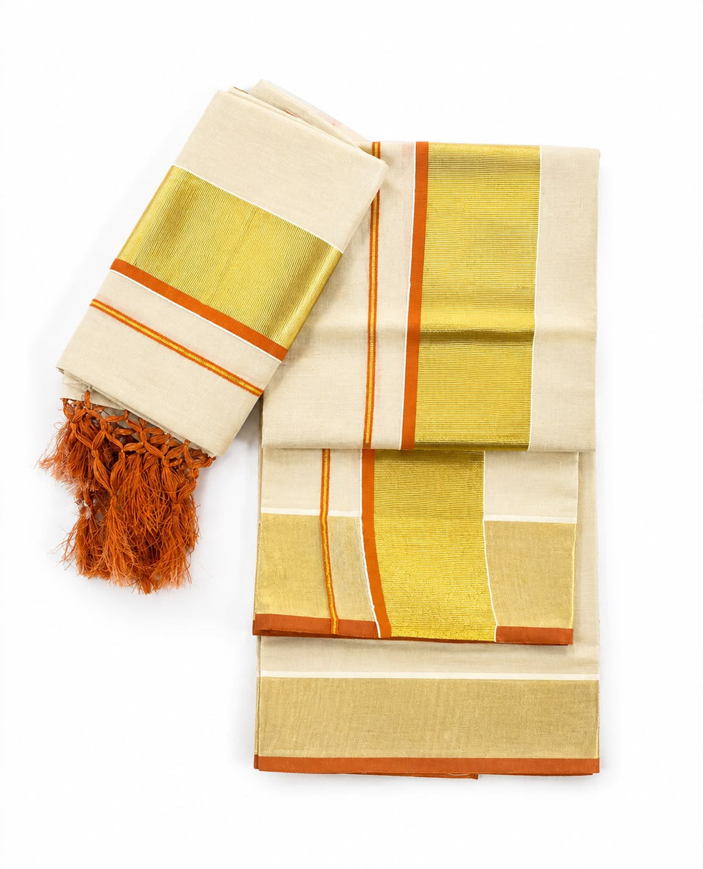 Traditional Kerala Kasavu Set Mundu with Orange Border