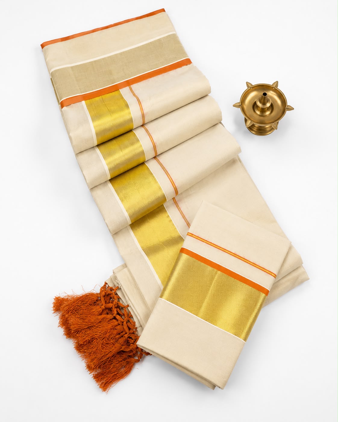 Traditional Kerala Kasavu Set Mundu with Orange Border