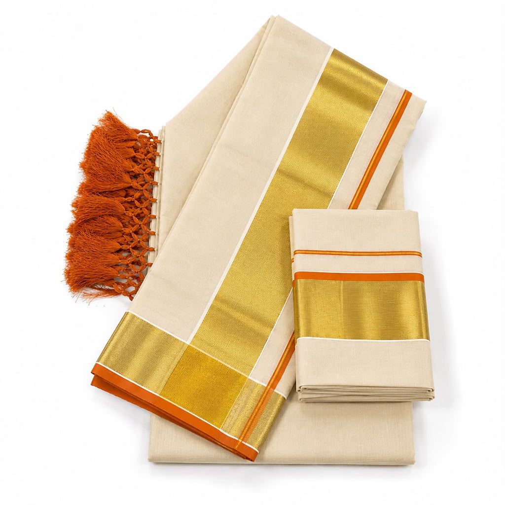 Traditional Kerala Kasavu Set Mundu with Orange Border