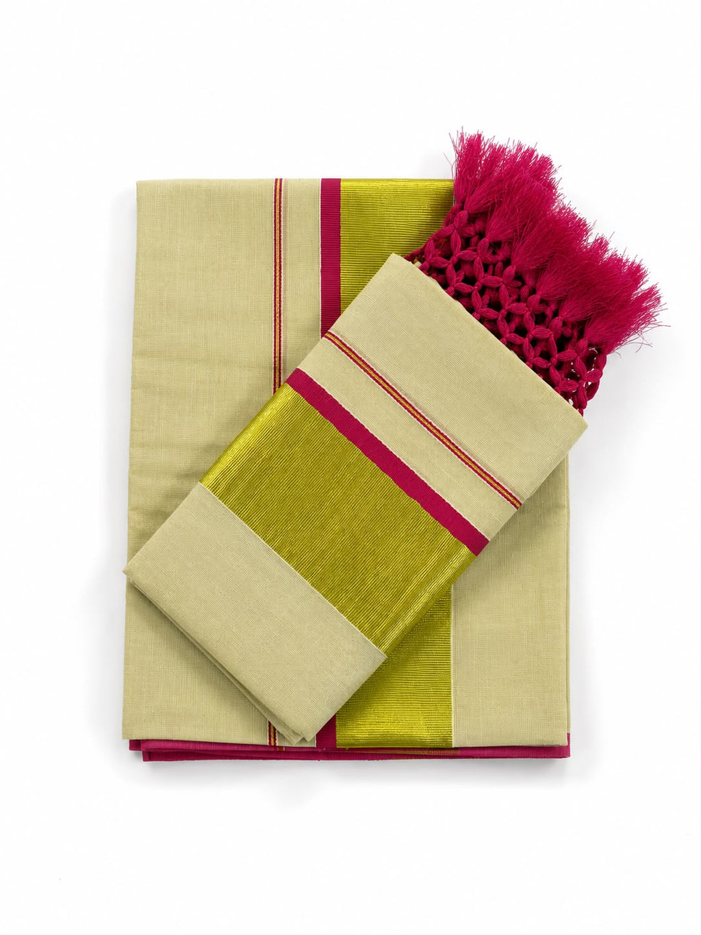 Soft Tissue Kerala Set Mundu with Golden Kasavu & Magenta Border
