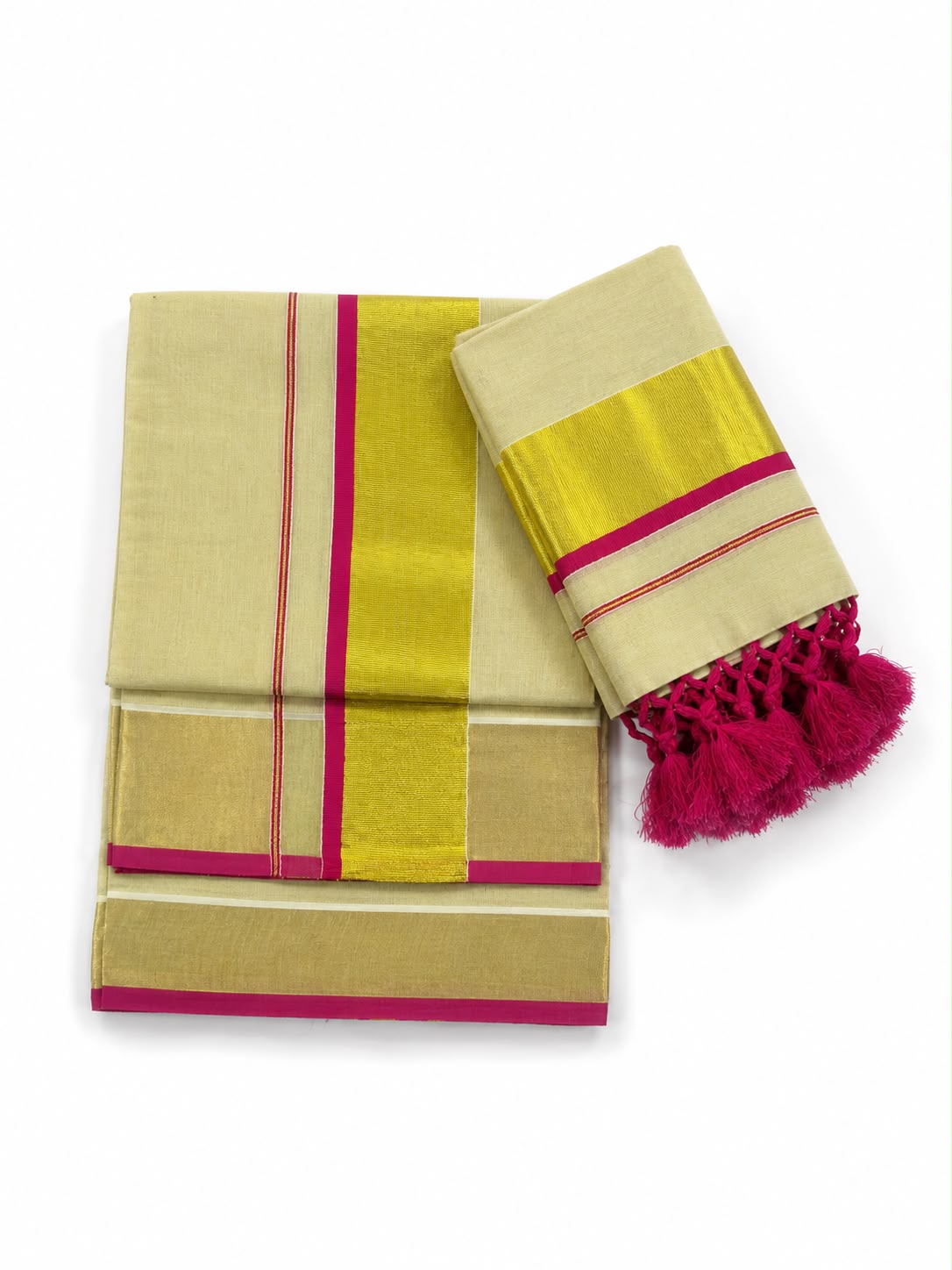 Soft Tissue Kerala Set Mundu with Golden Kasavu & Magenta Border