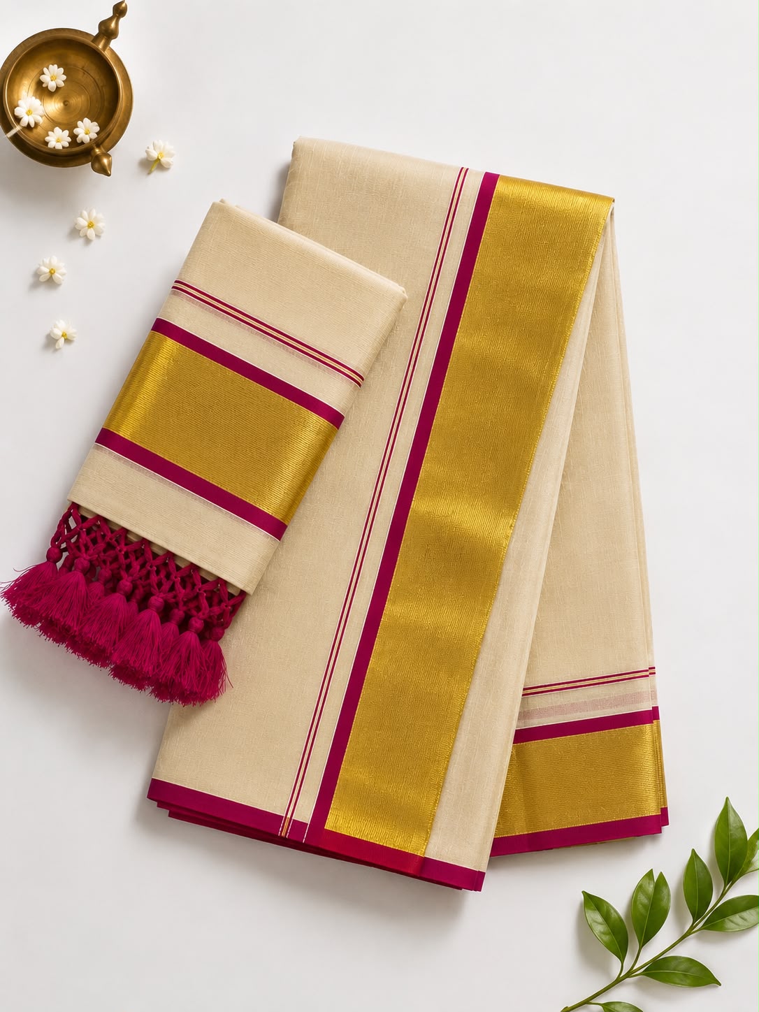 Soft Tissue Kerala Set Mundu with Golden Kasavu & Magenta Border