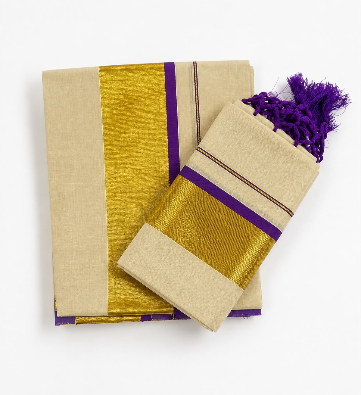 Soft Tissue Kerala Set Mundu with Golden Kasavu and Violet Border