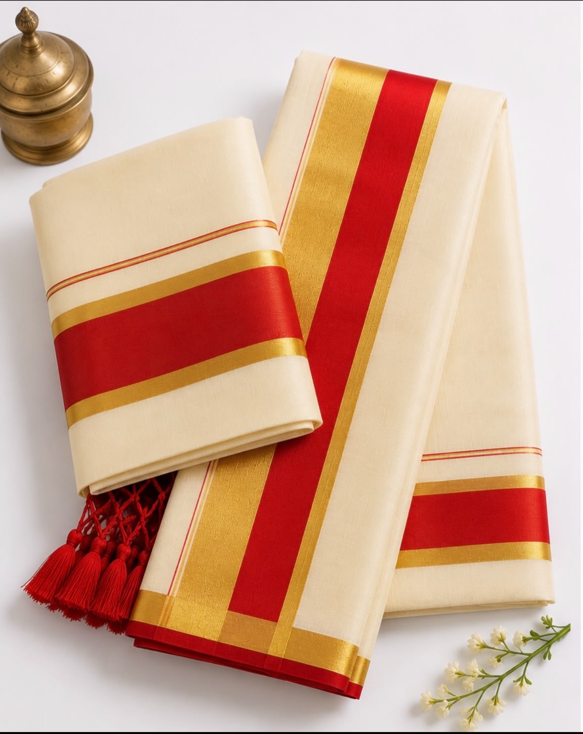 Soft Tissue Kerala Set Mundu with Golden Kasavu and Red Border
