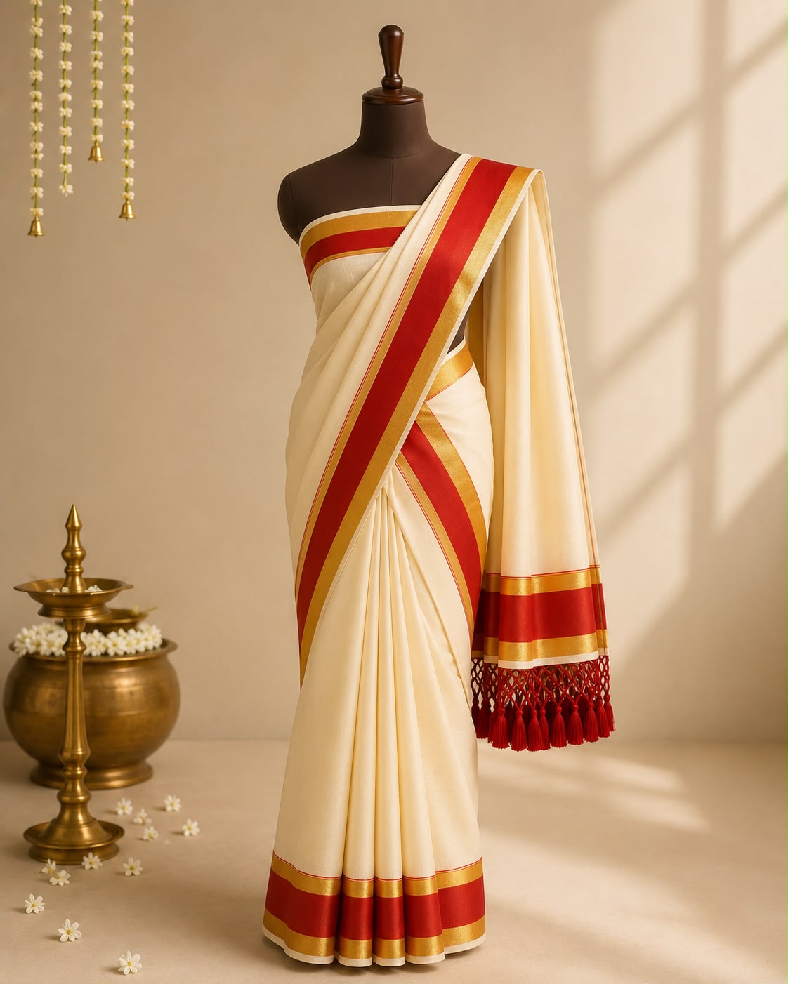 Soft Tissue Kerala Set Mundu with Golden Kasavu and Red Border