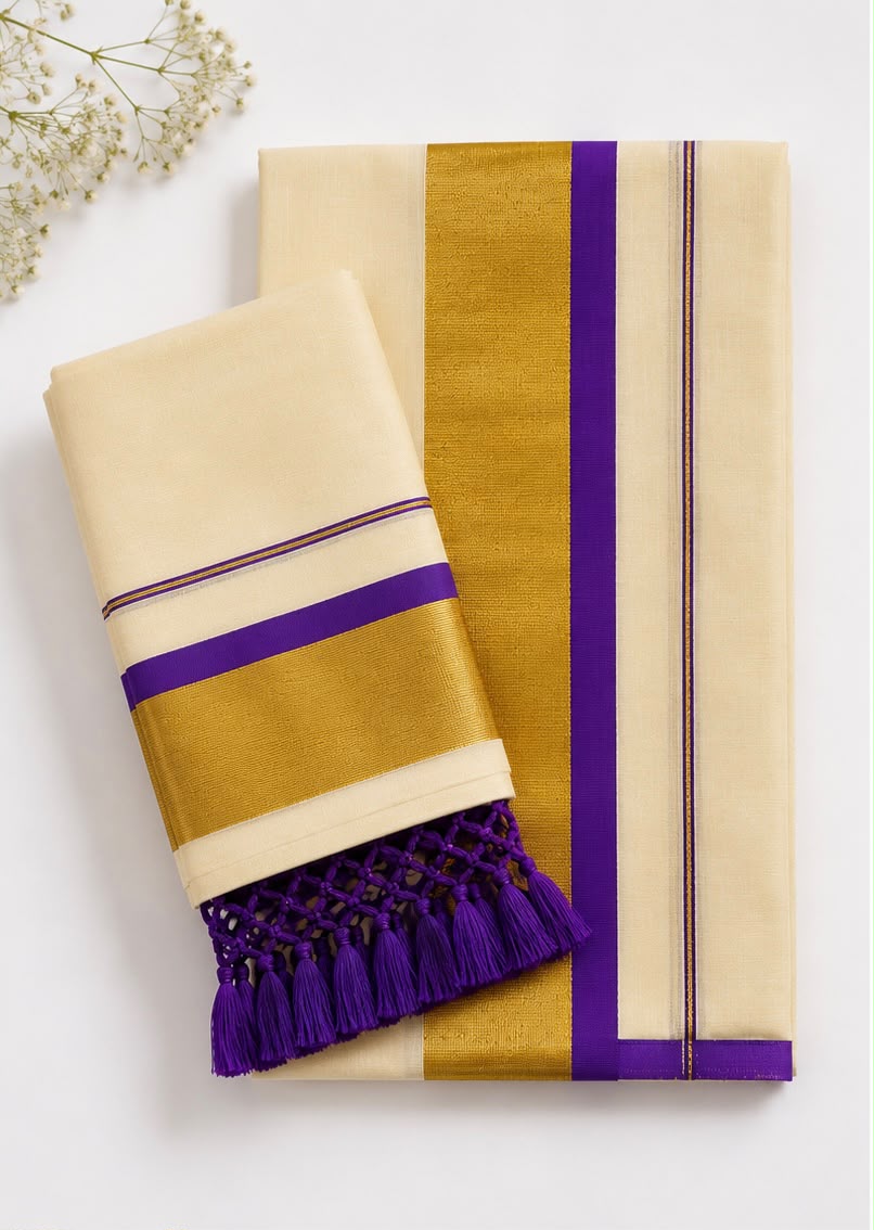 Soft Tissue Kerala Set Mundu with Golden Kasavu and Violet Border