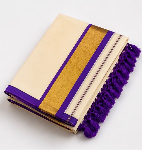 Soft Tissue Kerala Set Mundu with Golden Kasavu and Violet Border