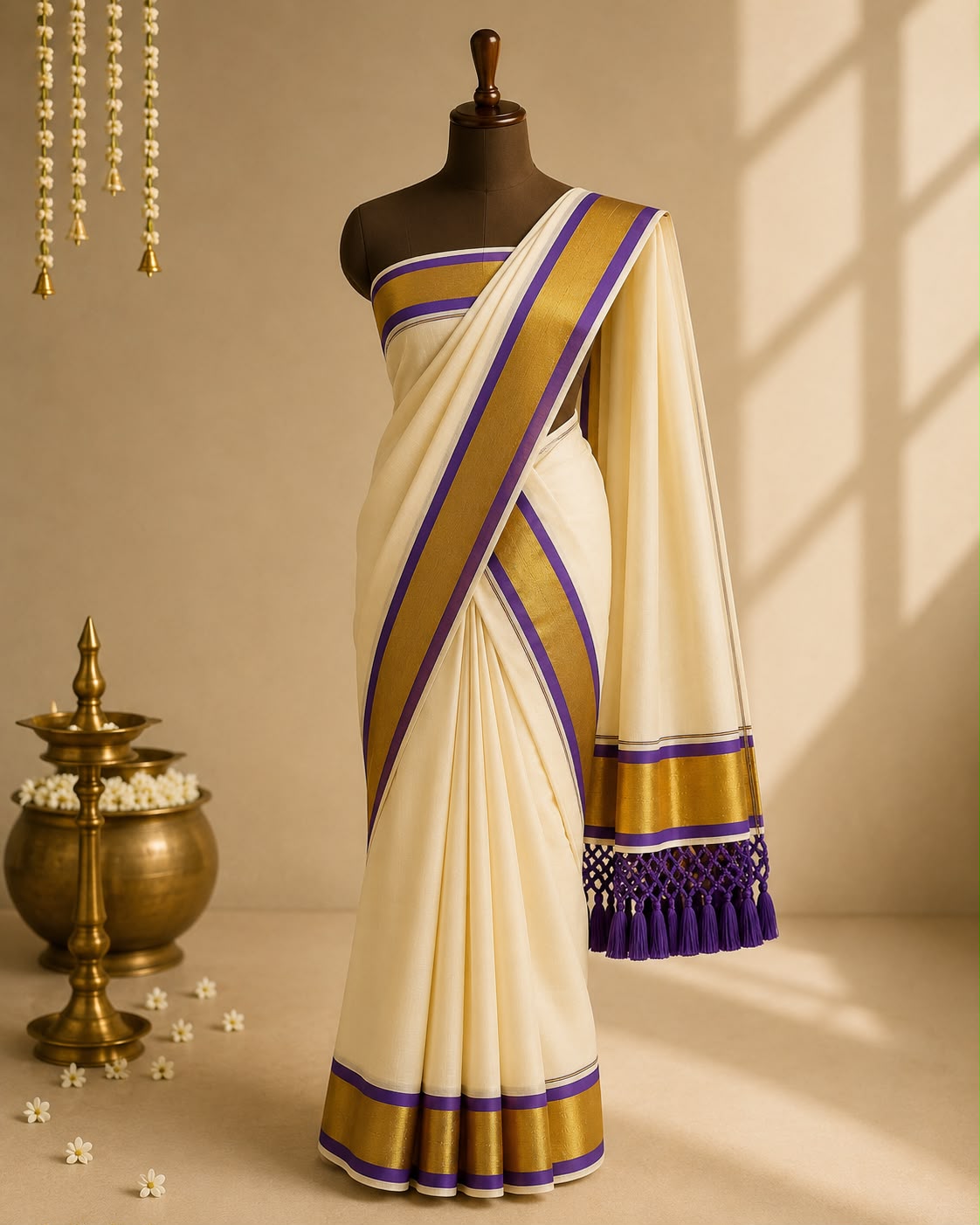 Soft Tissue Kerala Set Mundu with Golden Kasavu and Violet Border