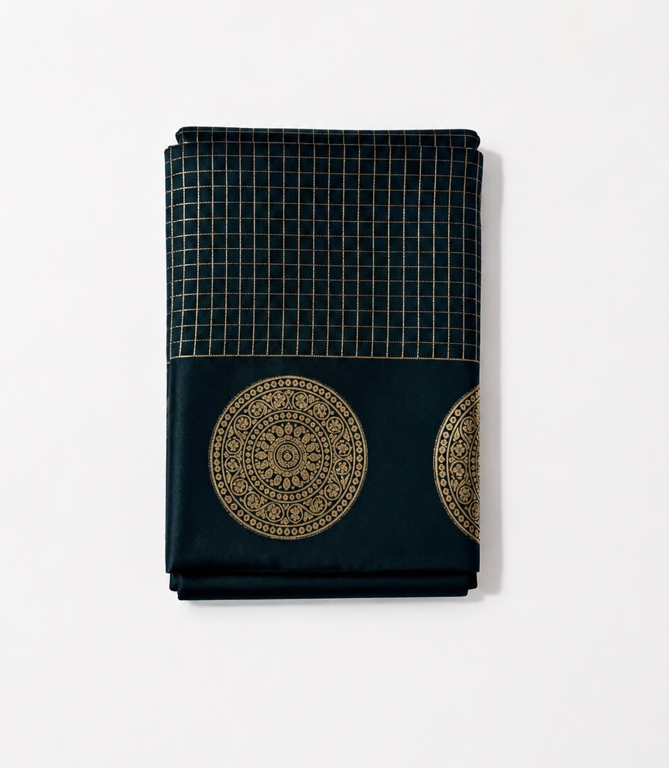 Premium Black Checked Soft Silk Saree with Gold Woven Border | Elegant Traditional Wear