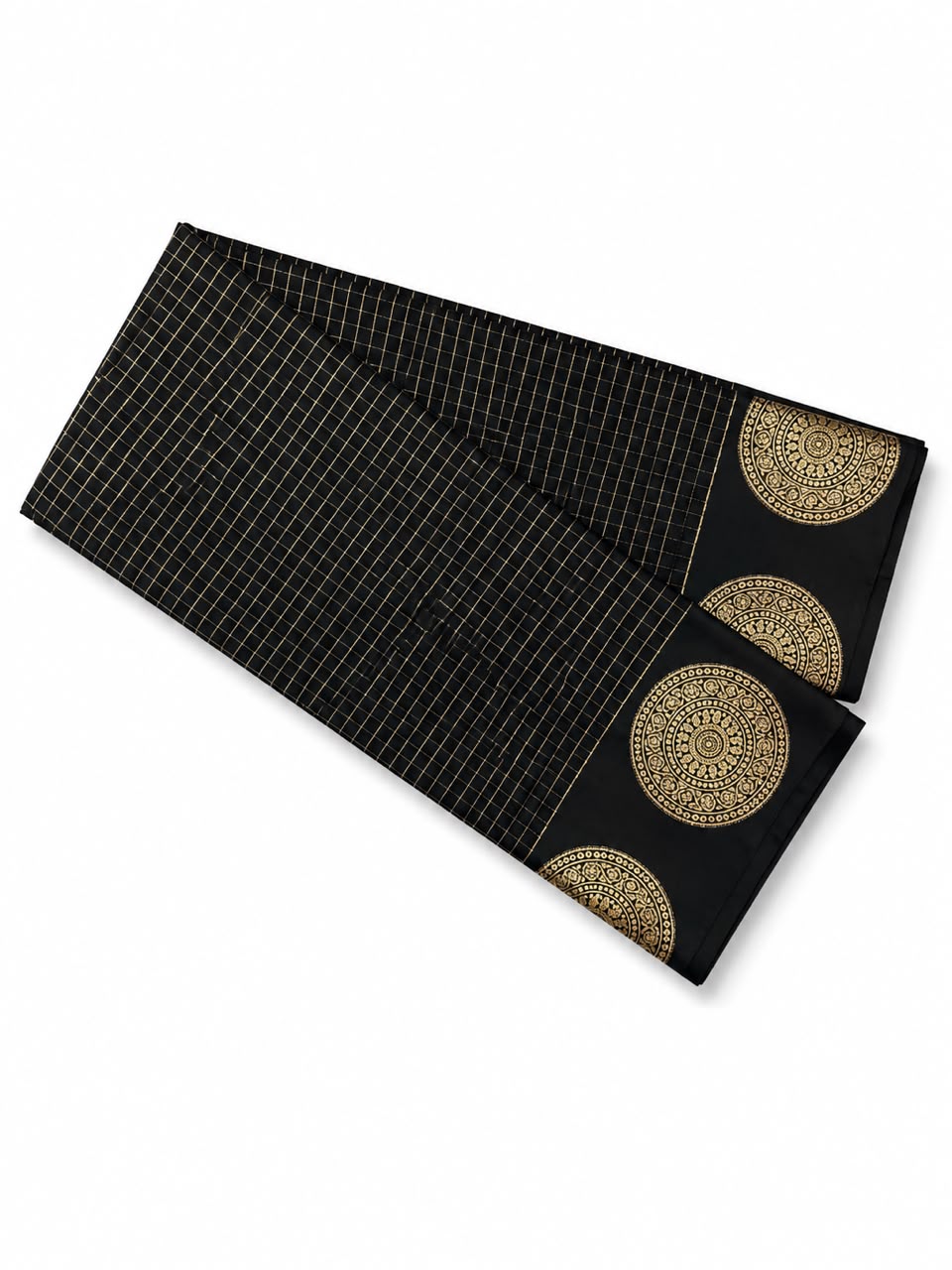 Premium Black Checked Soft Silk Saree with Gold Woven Border | Elegant Traditional Wear