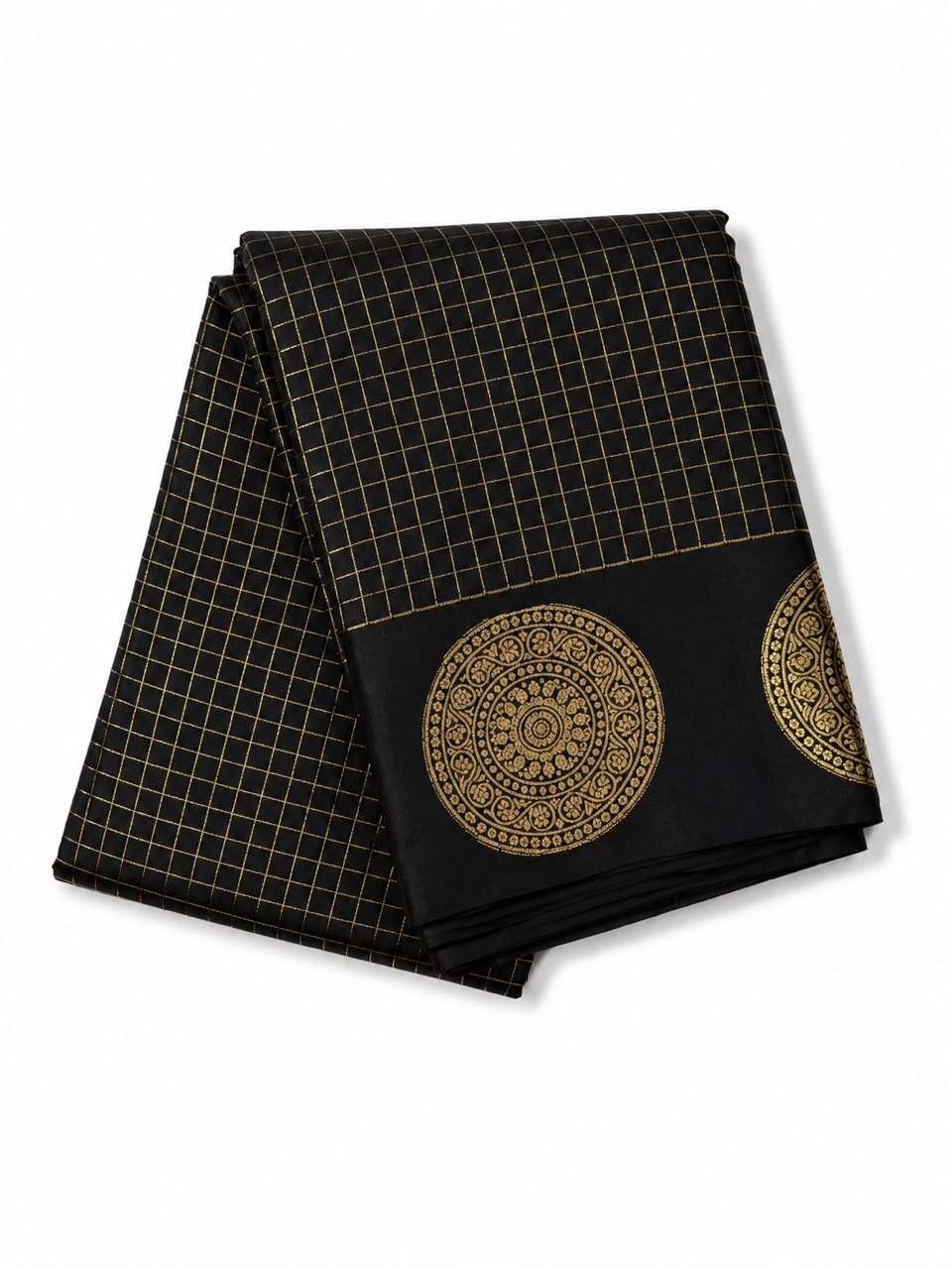 Premium Black Checked Soft Silk Saree with Gold Woven Border | Elegant Traditional Wear