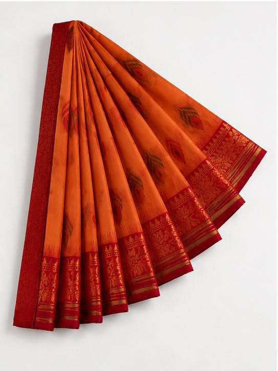 Soft Silk Saree with Traditional Ikat Butta & Rich Maroon Zari Border