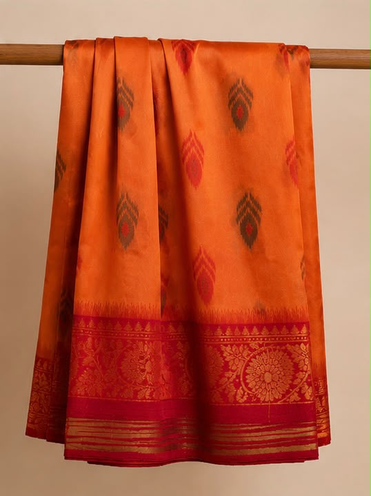 Soft Silk Saree with Traditional Ikat Butta & Rich Maroon Zari Border