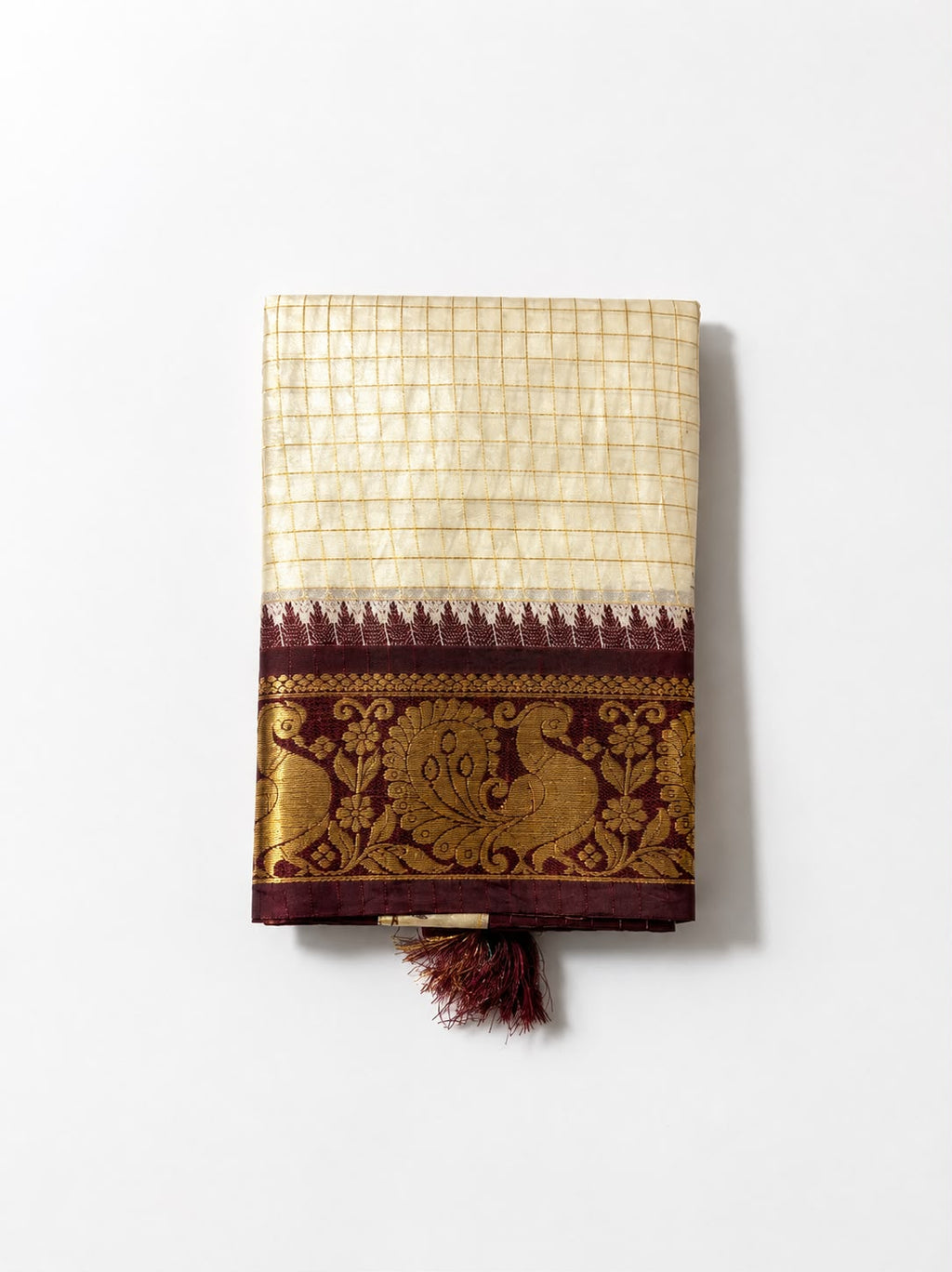 Premium Soft Silk Checked Saree with Rich Maroon Zari Peacock Border