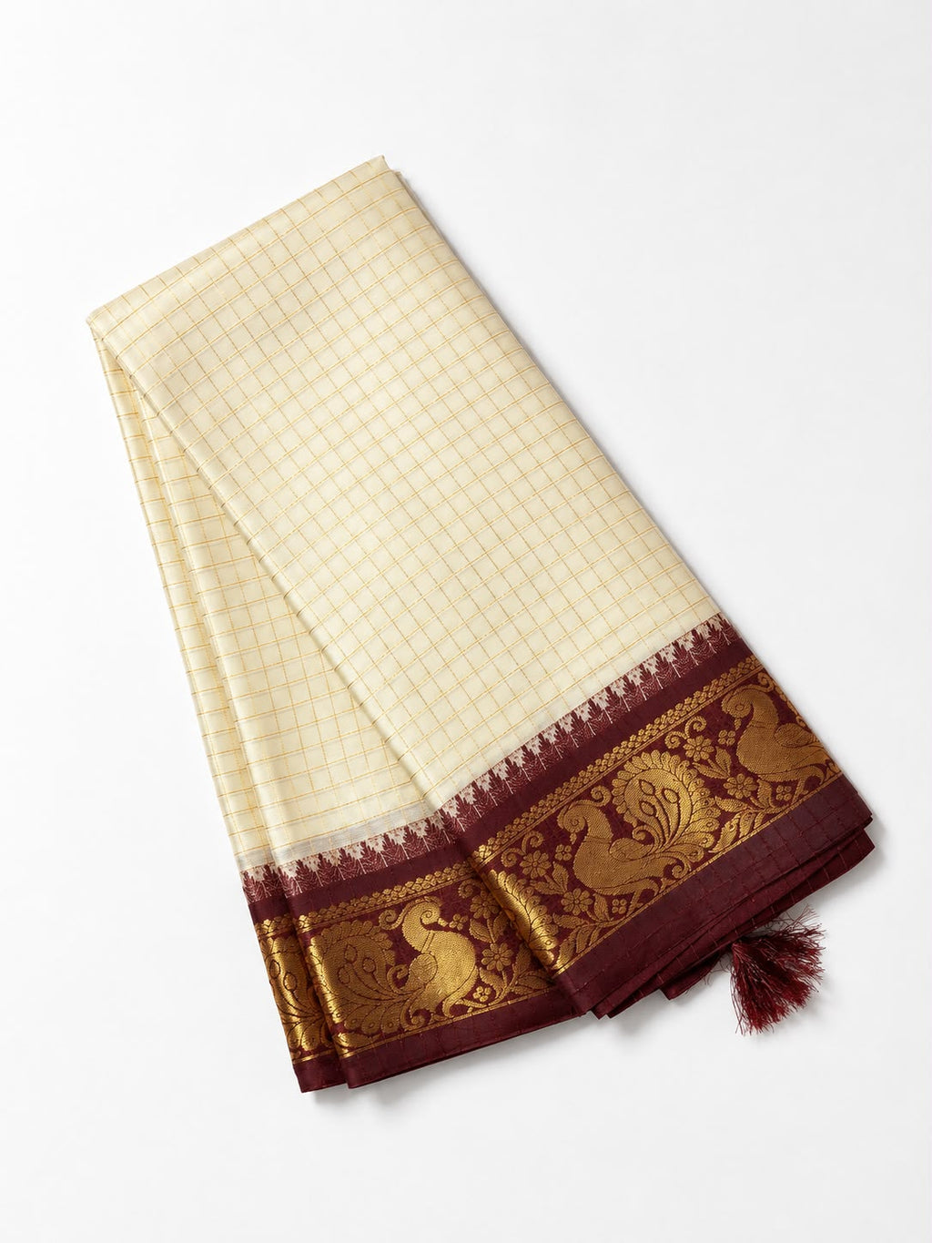 Premium Soft Silk Checked Saree with Rich Maroon Zari Peacock Border