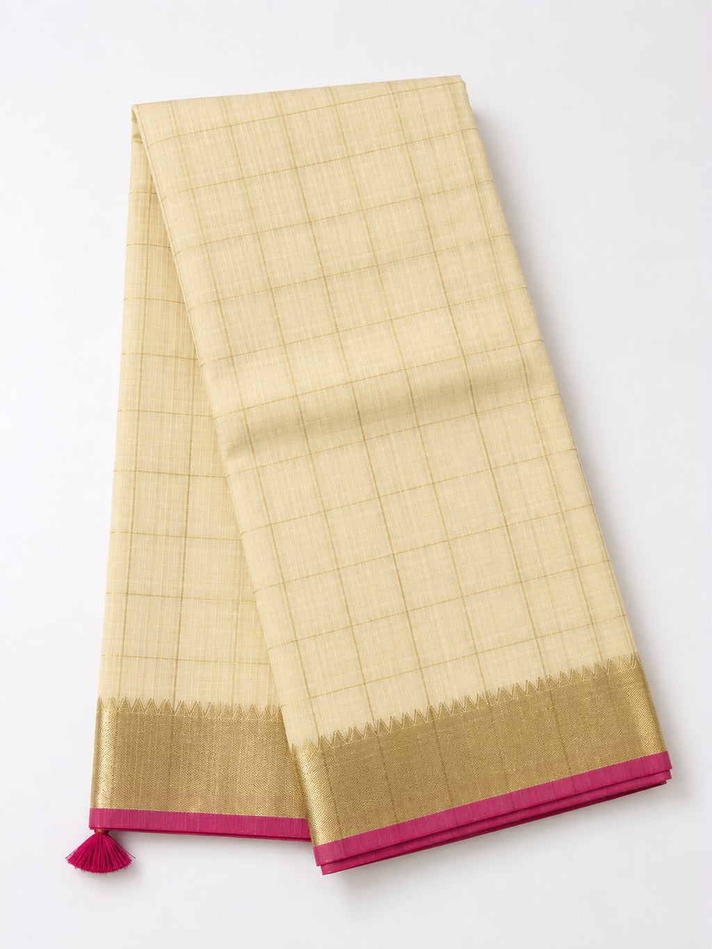 Premium Soft Chanderi Check Silk Saree with Blouse | Elegant Golden Zari Border