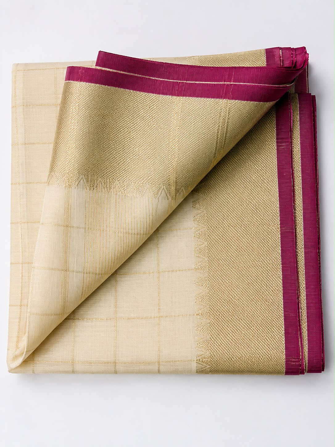 Premium Soft Chanderi Check Silk Saree with Blouse | Elegant Golden Zari Border